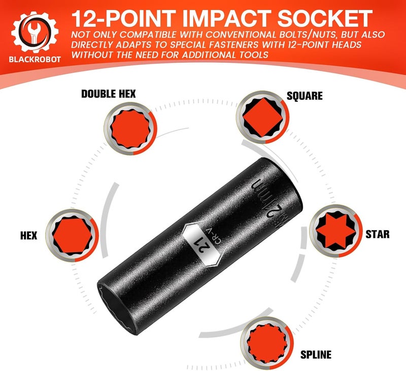 BLACKROBOT 21 mm 12-Point Deep Impact Socket, 1/2 Inch Drive, Metric, Cr-V Steel With Black Manganese Phosphate Coating - Image 3